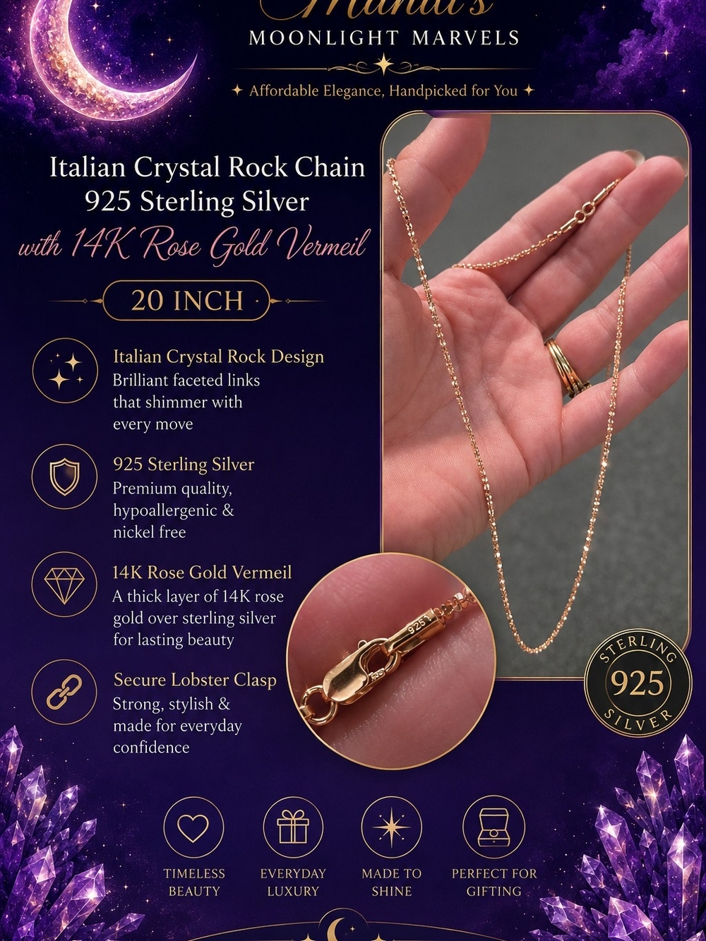 14K Rose Gold Vermeil Italian Crystal Rock Chain Necklace - Pink Rose Gold